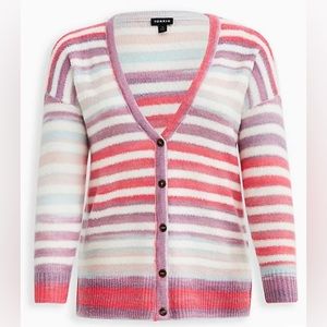 NWOT Torrid Button Front Cardigan - Multi Stripe Pink Purple White Sweater
